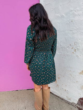 Talia Floral Mini Dress-Hunter Green