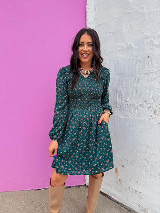 Talia Floral Mini Dress-Hunter Green