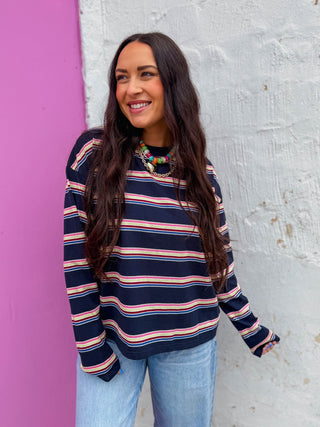 Logan Striped Long Sleeve-Navy