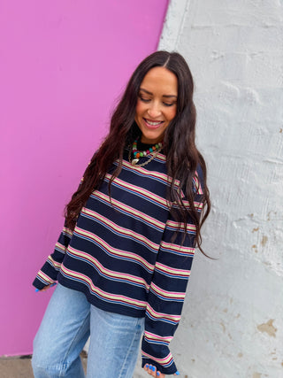 Logan Striped Long Sleeve-Navy