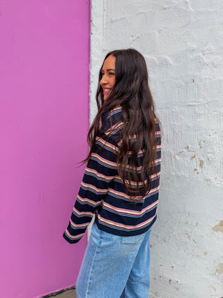 Logan Striped Long Sleeve-Navy