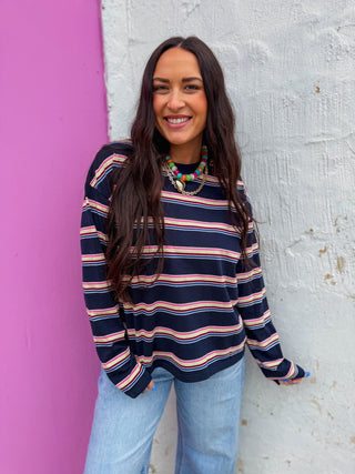 Logan Striped Long Sleeve-Navy