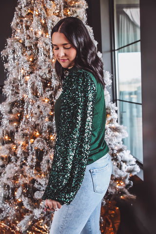 Winter Wonderland Sequin Knit Top-Green