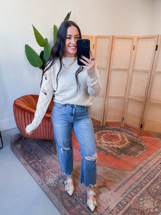 Hazel Floral Embroidered Sweater-Taupe