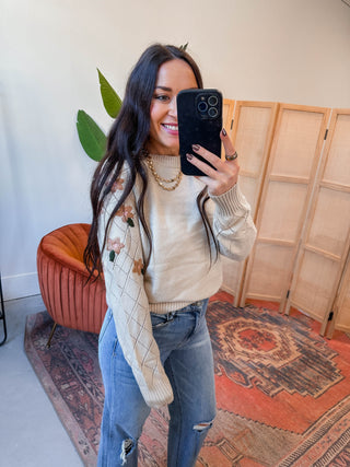 Hazel Floral Embroidered Sweater-Taupe