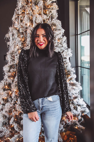 Winter Wonderland Sequin Knit Top-Black