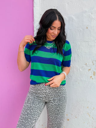 Callie Striped Knit Top-Royal/Green