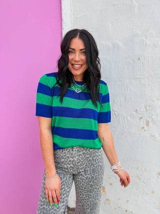 Callie Striped Knit Top-Royal/Green