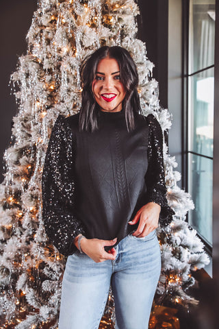 Winter Wonderland Sequin Knit Top-Black