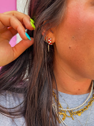 Red & White Checkered Enamel Huggie Earrings  - Nickel & Suede