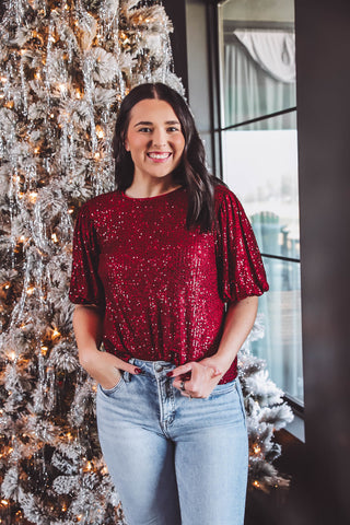 Holly Jolly Sequin Top-Burgundy