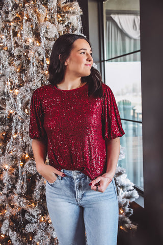 Holly Jolly Sequin Top-Burgundy