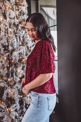 Holly Jolly Sequin Top-Burgundy