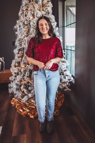 Holly Jolly Sequin Top-Burgundy