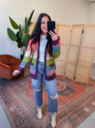 Allison Color Block Cardigan-Plum/Orange