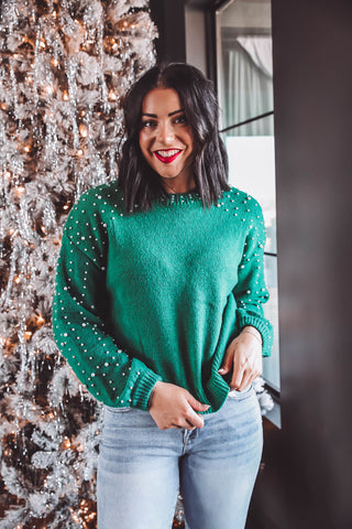 Joy Pearl Embellished Sweater-Green