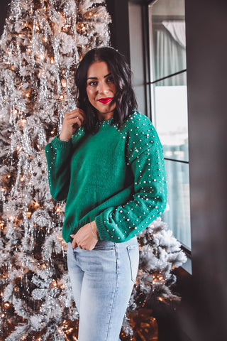 Joy Pearl Embellished Sweater-Green