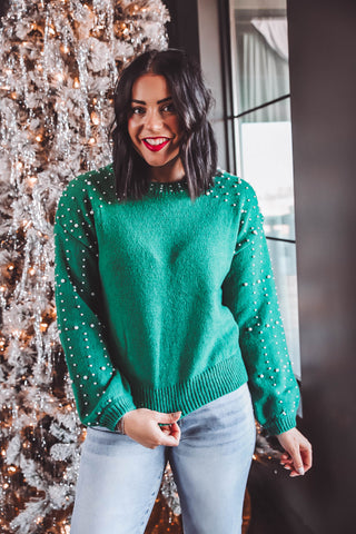 Joy Pearl Embellished Sweater-Green