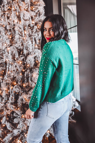 Joy Pearl Embellished Sweater-Green