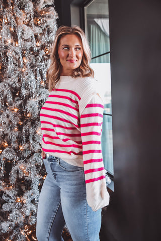 Casey Striped Sweater-Cream/Pink