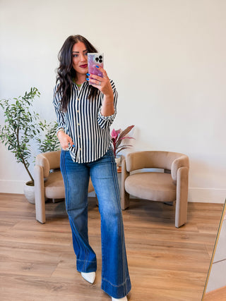 Mandi Striped Button Down-Navy