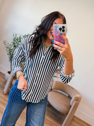 Mandi Striped Button Down-Navy