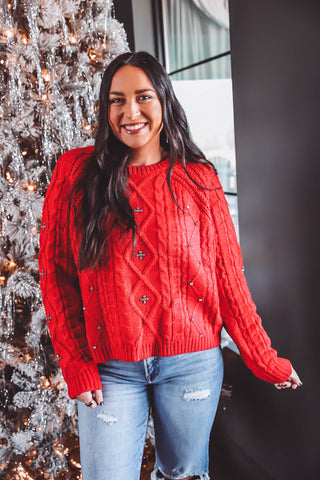 Claire Rhinestone Sweater-Red