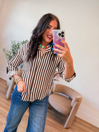 Mandi Striped Button Down-Dark Brown