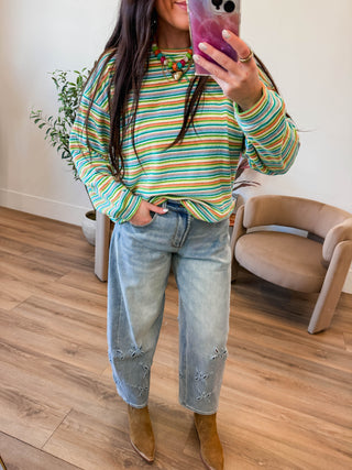 Good Vibes Striped Pullover-Teal/Lime