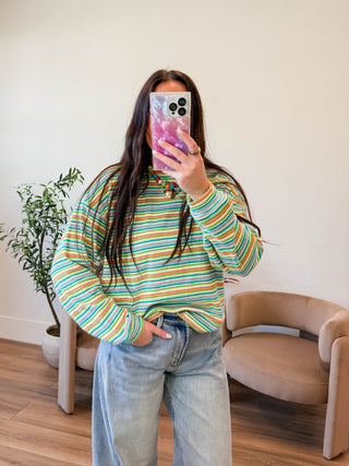 Good Vibes Striped Pullover-Teal/Lime
