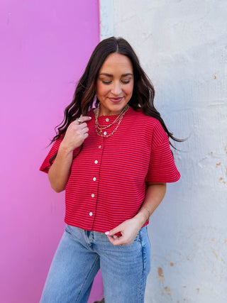 Camden Striped Button Down Tee-Cherry/Pink