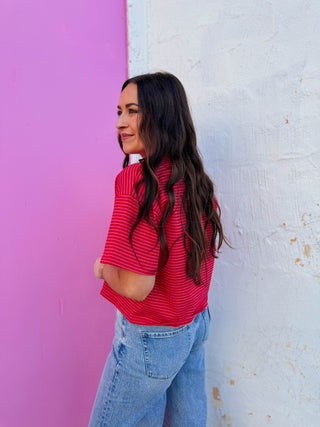 Camden Striped Button Down Tee-Cherry/Pink