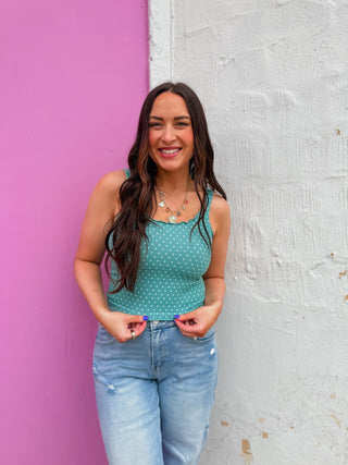 Lenny Polka Dot Tank-Dusty Teal