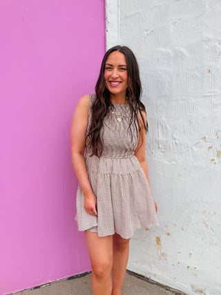 Madi Gingham Mini Dress-Brown