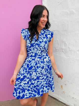 Kendra Floral Mini Dress-Royal Blue/Sky Blue