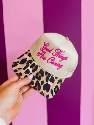 Good Things Are Coming Leopard Trucker Hat