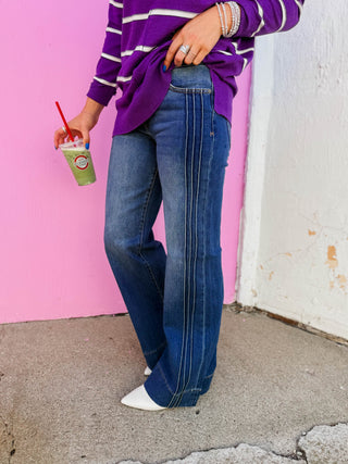 Hallie Mid Rise Pintuck Flare Denim