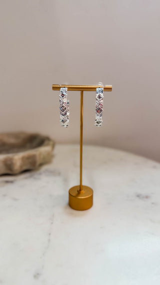 Silver Textured Hoop With Clear Diamond Crystals 2" Earring