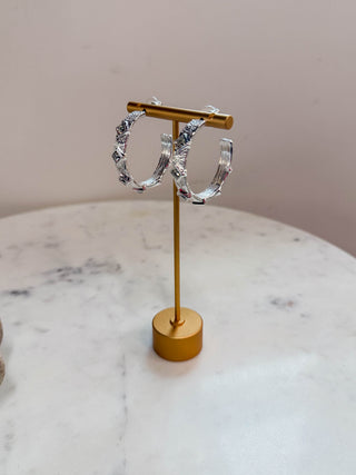 Silver Textured Hoop With Clear Diamond Crystals 2" Earring