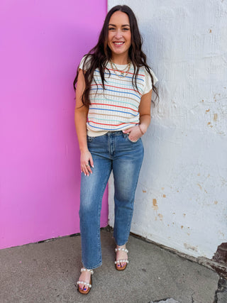 Abigail Striped Knit Top-Orange/Blue
