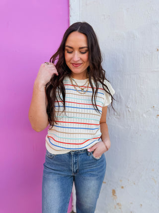 Abigail Striped Knit Top-Orange/Blue