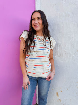 Abigail Striped Knit Top-Orange/Blue