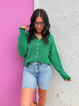 Just Right Striped Cardigan-Kelly Green