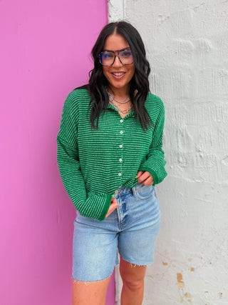 Just Right Striped Cardigan-Kelly Green
