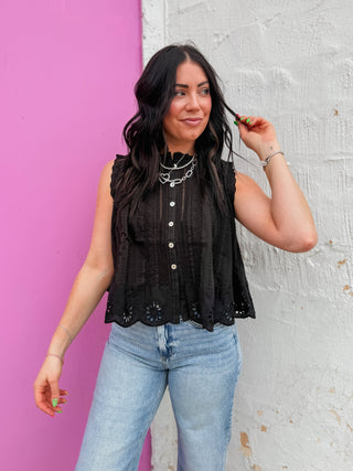Adva Eyelet Button Down Top-Black