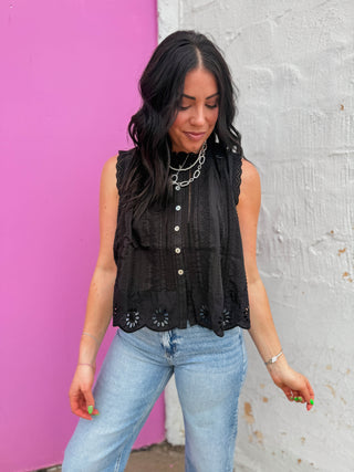 Adva Eyelet Button Down Top-Black