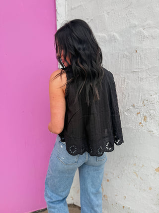 Adva Eyelet Button Down Top-Black