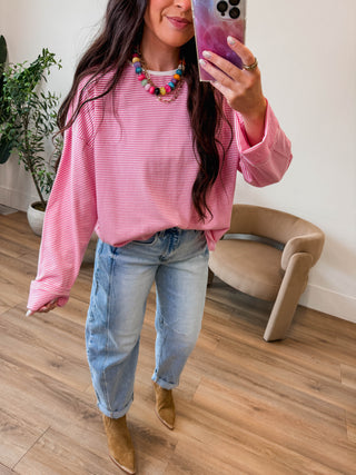 Emma Striped Long Sleeve-White/Pink