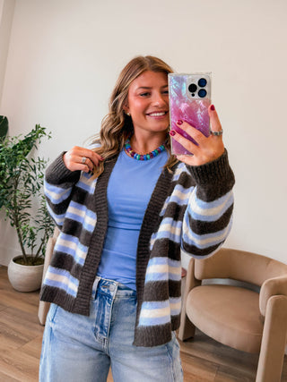 Addison Striped Cardigan-Mocha/Blue
