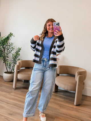 Addison Striped Cardigan-Mocha/Blue